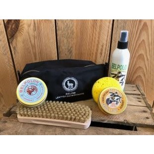 Belpo - "Care package: Embroidered pouch, Liquid leather care spray, Sponge, pig brush (19cm), 75ML grease, 75ml Saddle Soap"
